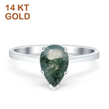 14K White Gold Pear Teardrop Natural Green Moss Agate Solitaire Ring