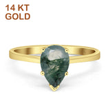 14K Yellow Gold Pear Teardrop Natural Green Moss Agate Solitaire Ring