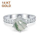 14K White Gold Round Natural Green Moss Agate Vintage Style Ring