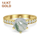 14K Yellow Gold Round Natural Green Moss Agate Vintage Style Ring