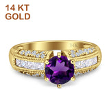 14K Yellow Gold Art Deco Round Natural Amethyst Bridal Ring