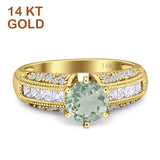 14K Yellow Gold Art Deco Round Natural Green Amethyst Prasiolite Bridal Ring