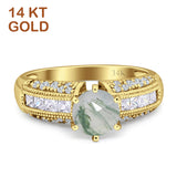 14K Yellow Gold Art Deco Round Natural Green Moss Agate Bridal Ring