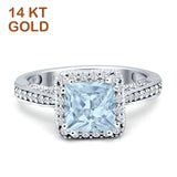 14K White Gold Princess Cut Natural Aquamarine Halo Tapered Ring