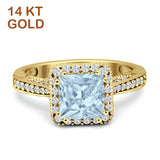 14K Yellow Gold Princess Cut Natural Aquamarine Halo Tapered Ring