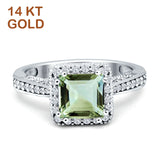 14K White Gold Princess Cut Natural Green Amethyst Prasiolite Halo Tapered Ring