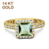 14K Yellow Gold Princess Cut Natural Green Amethyst Prasiolite Halo Tapered Ring