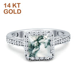 14K White Gold Princess Cut Natural Green Moss Agate Halo Tapered Ring