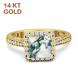 14K Yellow Gold Princess Cut Natural Green Moss Agate Halo Tapered Ring