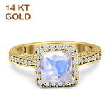 14K Yellow Gold Princess Cut Natural Moonstone Halo Tapered Ring