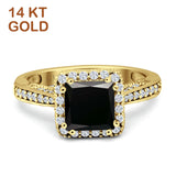 14K Yellow Gold Princess Cut Natural Black Onyx Halo Tapered Ring