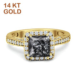 14K Yellow Gold Princess Cut Natural Rutilated Quartz Halo Tapered Ring