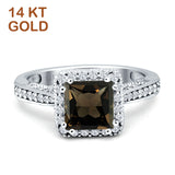 14K White Gold Princess Cut Natural Chocolate Smoky Quartz Halo Tapered Ring