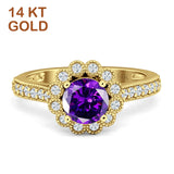 14K Yellow Gold Round Amethyst CZ Vintage Style Flower Ring