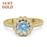 14K Yellow Gold Round Aquamarine CZ Vintage Style Flower Ring