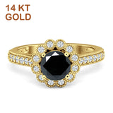 14K Yellow Gold Round Black CZ Vintage Style Flower Ring