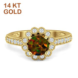 14K Yellow Gold Round Lab Created Black Opal Vintage Style Flower Ring