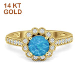 14K Yellow Gold Round Lab Created Blue Opal Vintage Style Flower Ring