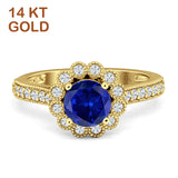 14K Yellow Gold Round Blue Sapphire CZ Vintage Style Flower Ring