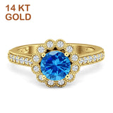 14K Yellow Gold Round Blue Topaz CZ Vintage Style Flower Ring