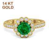14K Yellow Gold Round Green Emerald CZ Vintage Style Flower Ring