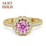 14K Yellow Gold Round Pink CZ Vintage Style Flower Ring