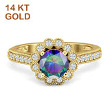 14K Yellow Gold Round Rainbow CZ Vintage Style Flower Ring
