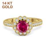 14K Yellow Gold Round Ruby CZ Vintage Style Flower Ring