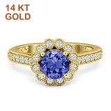 14K Yellow Gold Round Tanzanite CZ Vintage Style Flower Ring