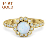 14K Yellow Gold Round Lab Created White Opal Vintage Style Flower Ring