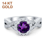 14K White Gold Round Natural Amethyst Halo Split Shank Twisted Ring