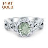14K White Gold Round Natural Green Amethyst Prasiolite Halo Split Shank Twisted Ring