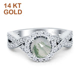14K White Gold Round Natural Green Moss Agate Halo Split Shank Twisted Ring