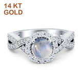 14K White Gold Round Natural Moonstone Halo Split Shank Twisted Ring