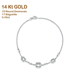 14K Gold 7" Link Chain Three Emerald Cut Round & Baguette Diamond