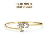 14K Gold 7" Palm Tree & Moon Bangle Round Natural Diamond Bracelet