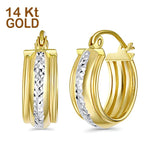 14K Two Tone Gold 15mm Thickness Diamond Cut Huggie Hoop Earrings (15mm Diameter)