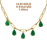 14K Gold 1.65ct Green Emerald Five Pear Pendant Paperclip Chain Necklace 16