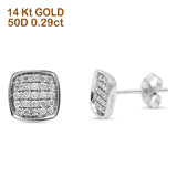 Solid 14K White Gold 8mm Round Diamond Square Hip Hop Stud Earrings