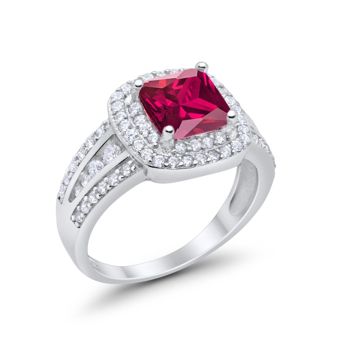 Halo Art Deco Princess Cut Round Simulated Ruby CZ Wedding Ring