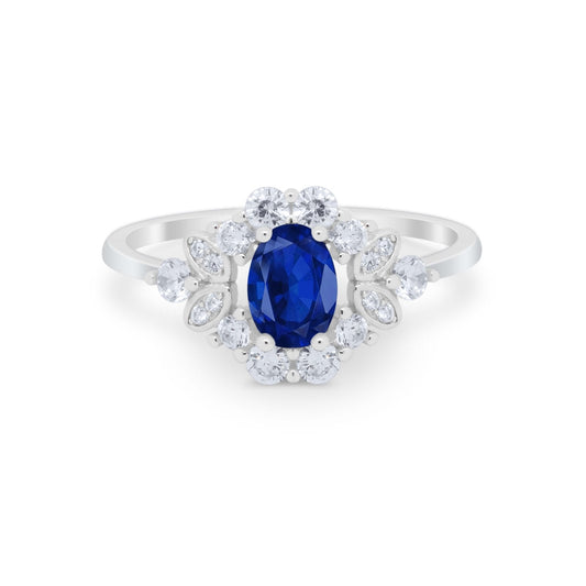 Oval Wedding Ring Vintage Art Deco Round Simulated Blue Sapphire CZ