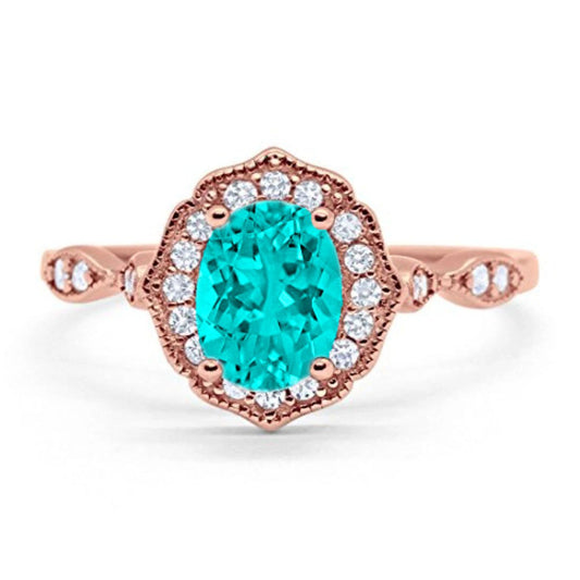 Antique Style Wedding Ring Oval Rose Tone, Simulated Paraiba Tourmaline CZ