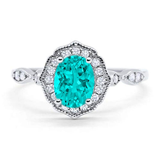 Antique Style Wedding Ring Round Simulated Paraiba Tourmaline CZ