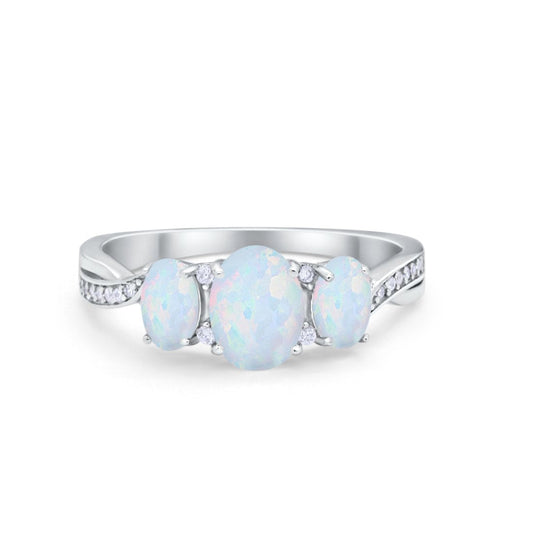 Three Stone Twisted Engagement Ring Lab Created White Opal