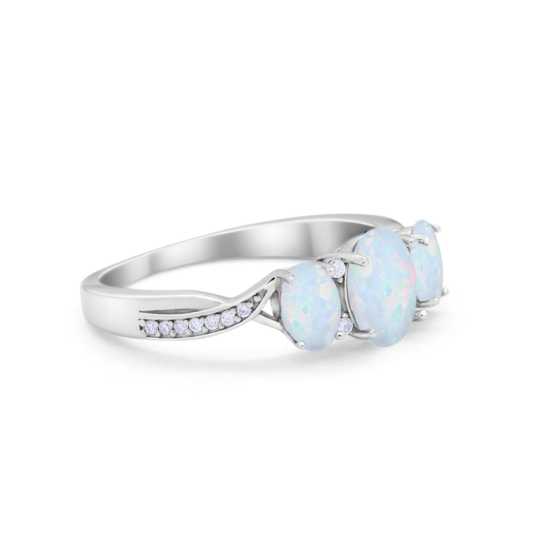 Three Stone Twisted Engagement Ring Lab Created White Opal