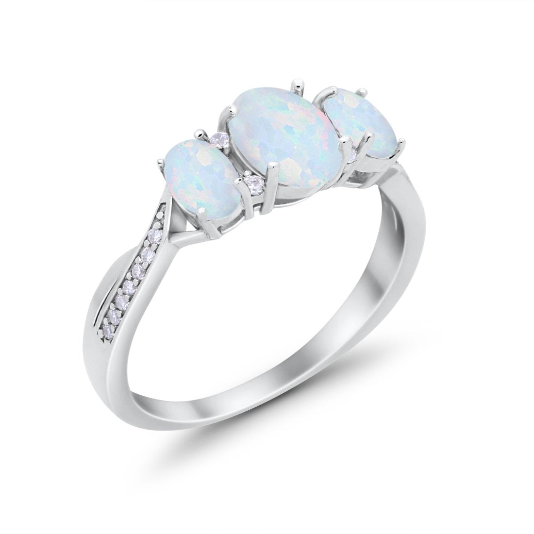 Three Stone Twisted Engagement Ring Lab Created White Opal