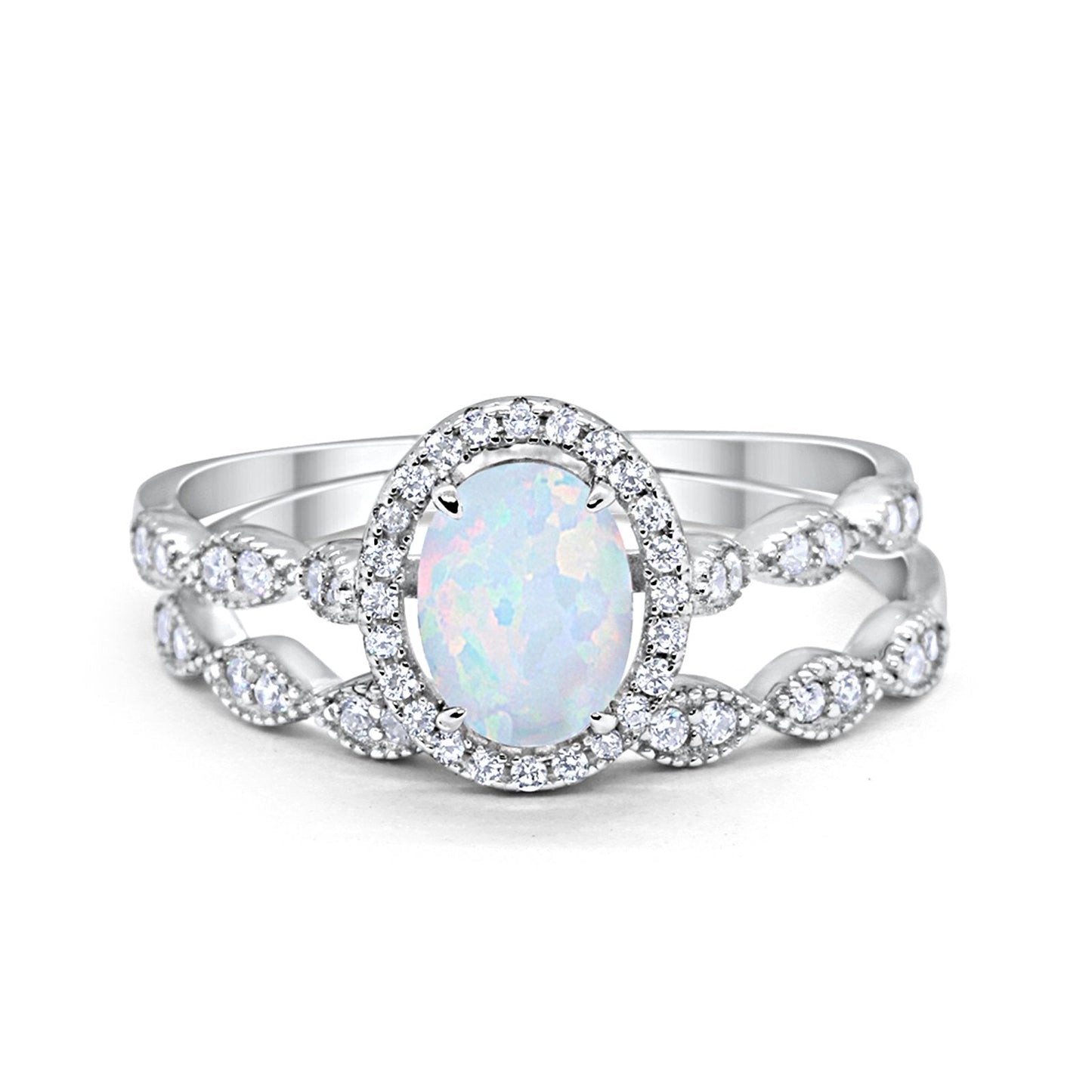 Halo Bridal Set Piece Art Deco Oval Lab Created White Opal Ring