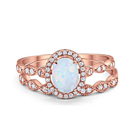 Halo Bridal Set Piece Oval Rose Tone, Lab Created White Opal Wedding Ring