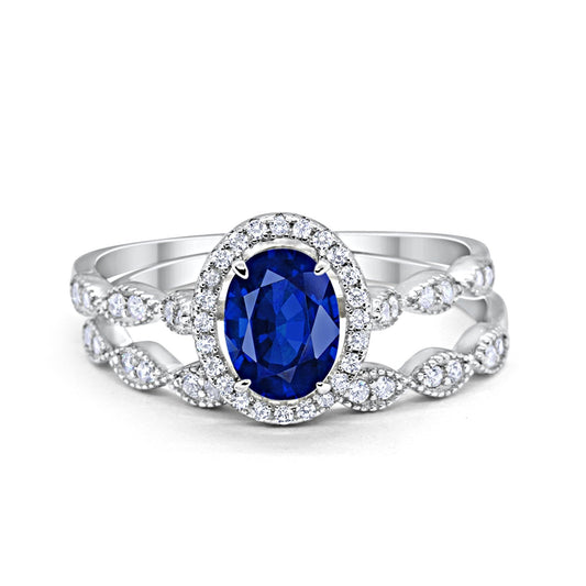 Halo Bridal Set Piece Oval Simulated Blue Sapphire CZ Ring