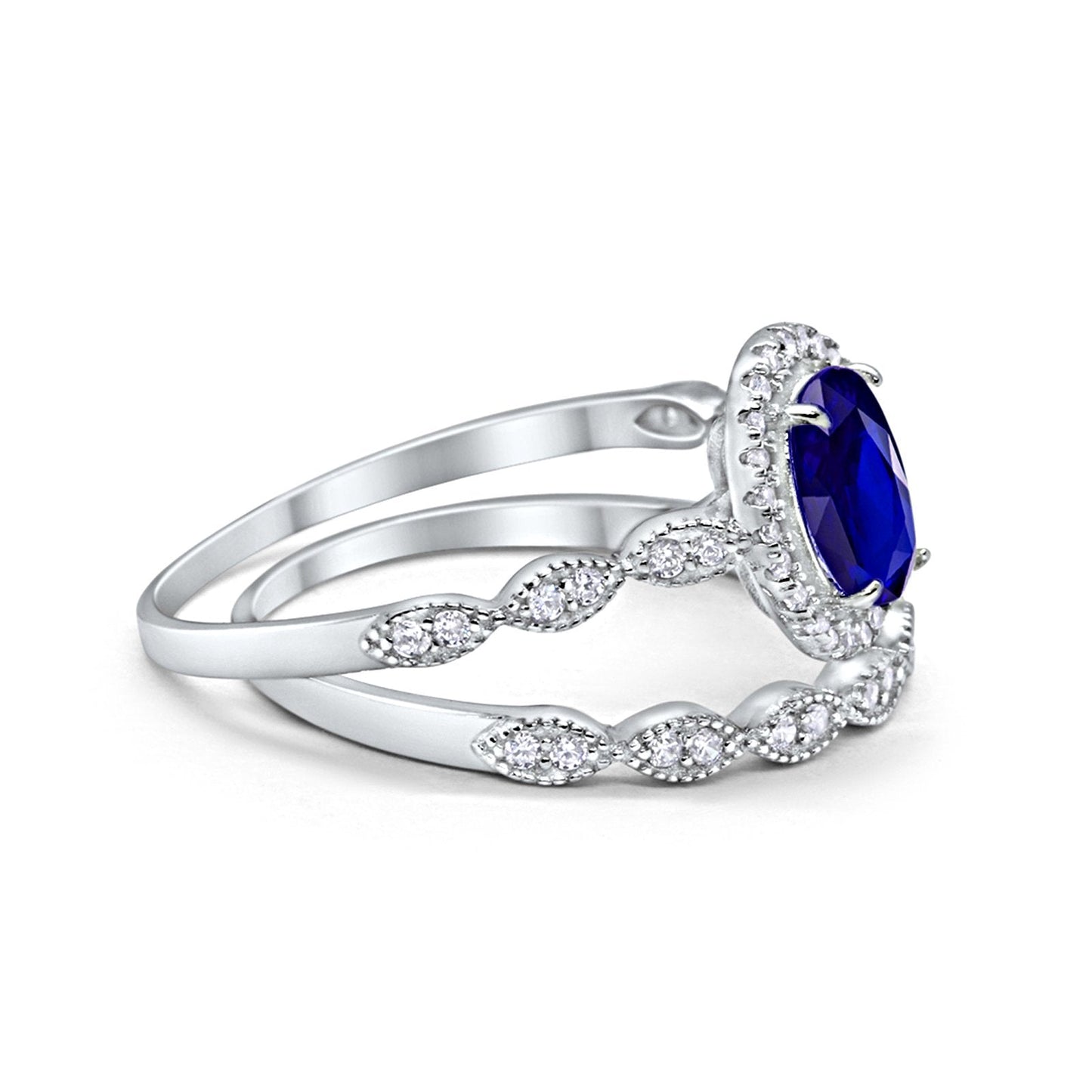 Halo Bridal Set Piece Oval Simulated Blue Sapphire CZ Ring